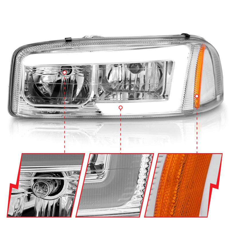 Anzo 99-17 GMC Sierra/Denali Headlights featuring chrome amber design with clear lens and black housing.