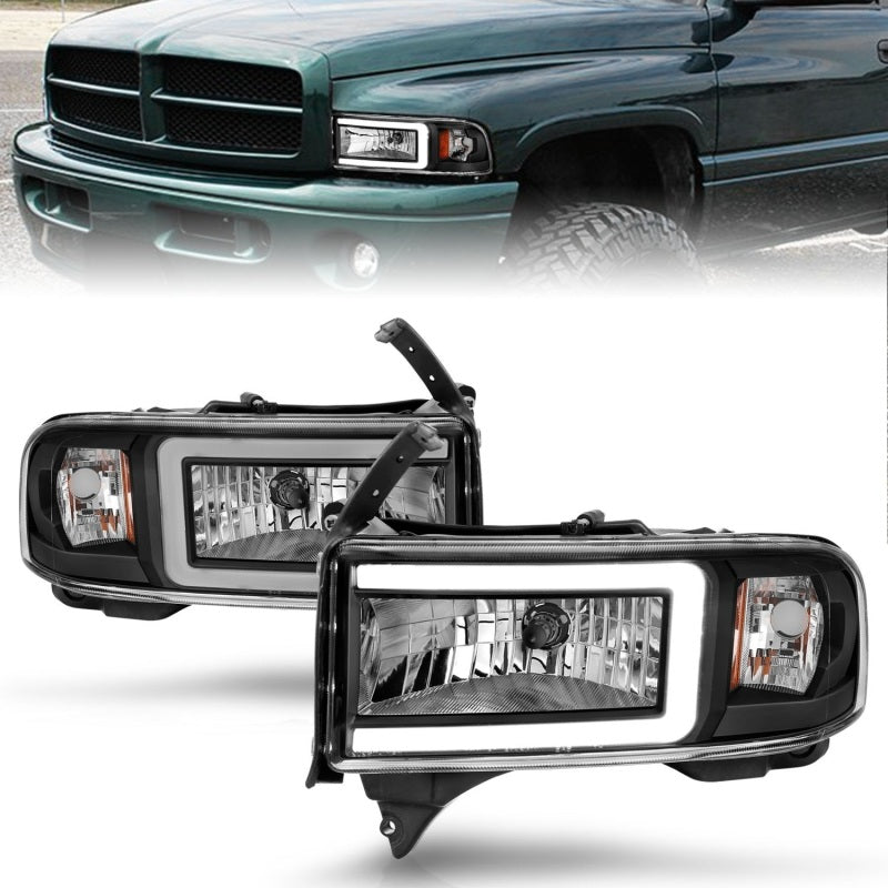 ANZO 94-02 Dodge RAM Crystal Headlight with black housing and integrated light bar, showcasing modern design and enhanced visibility.