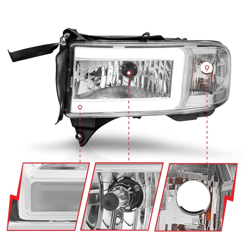 ANZO 94-02 Dodge RAM Crystal Headlight with chrome housing and integrated light bar, designed for enhanced visibility and style.