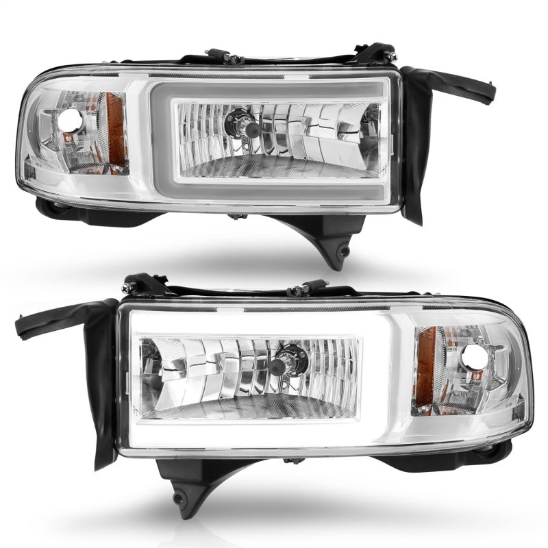 ANZO 94-02 Dodge RAM Crystal Headlight with chrome housing and integrated light bar, designed for enhanced visibility and style.