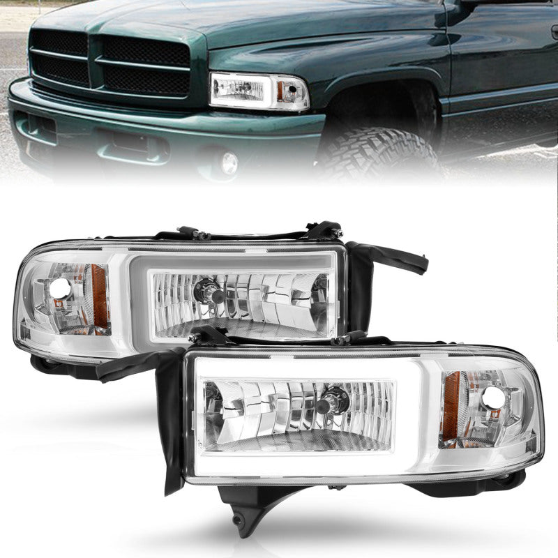 ANZO 94-02 Dodge RAM Crystal Headlight with chrome housing and integrated light bar, designed for enhanced visibility and style.