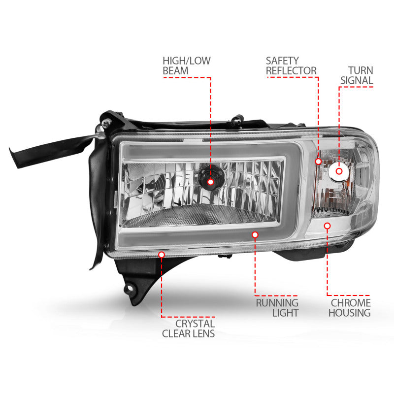 ANZO 94-02 Dodge RAM Crystal Headlight with chrome housing and integrated light bar, designed for enhanced visibility and style.