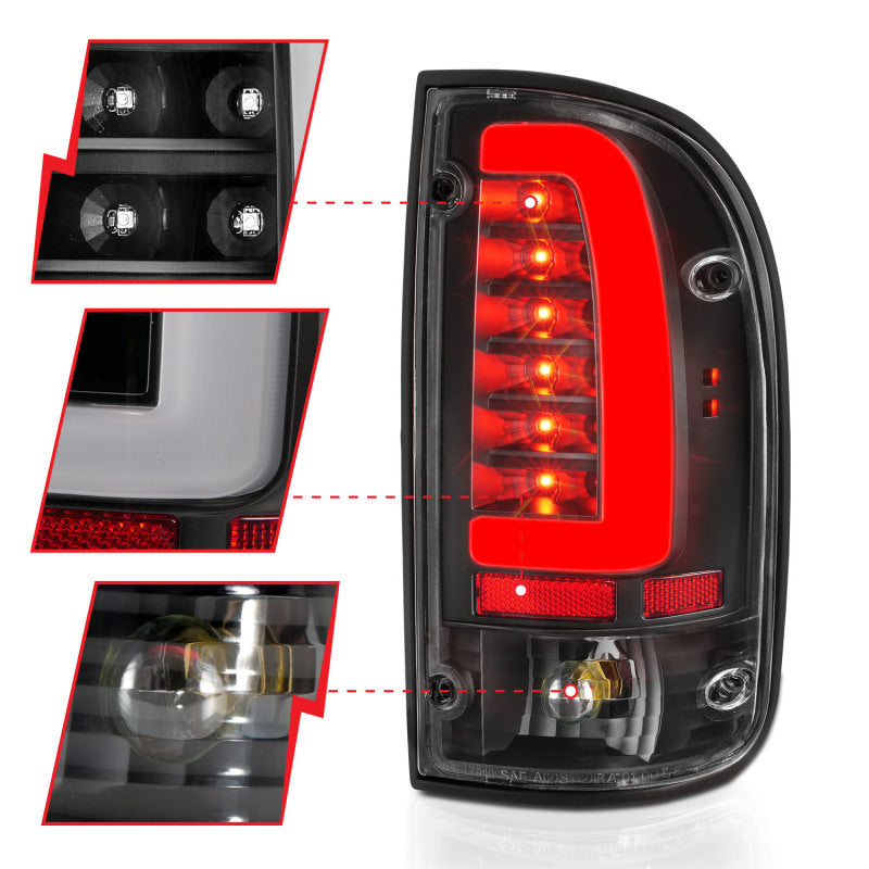 ANZO LED taillights for 95-00 Toyota Tacoma featuring black housing and clear lens, enhancing vehicle visibility and style.