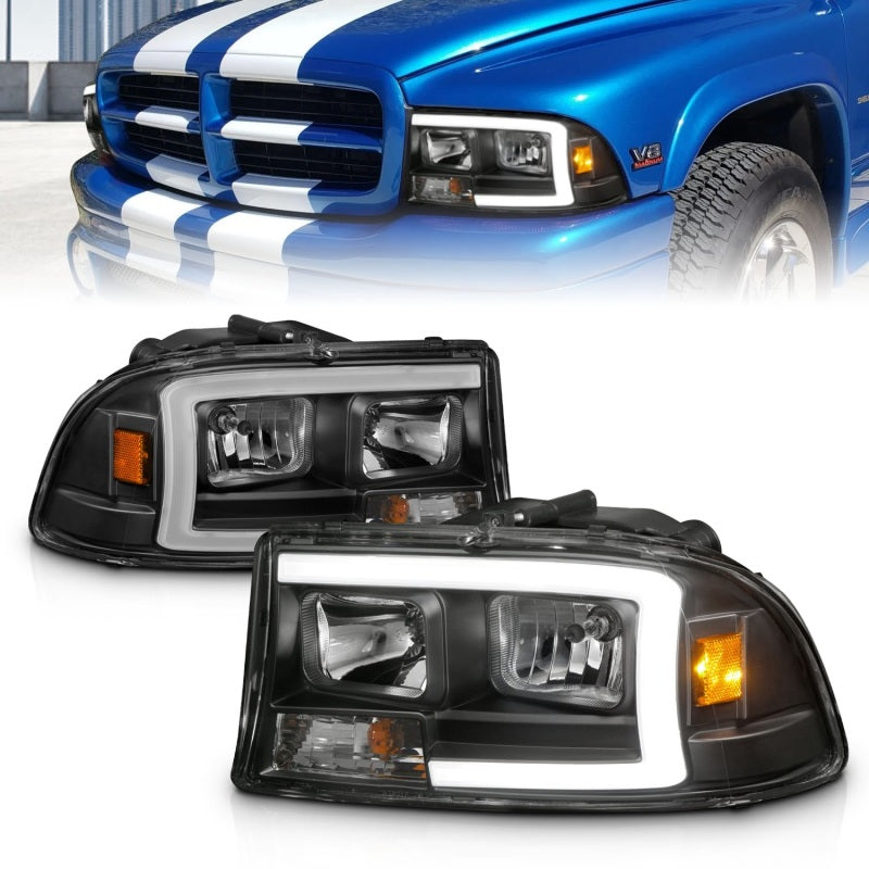 ANZO 97-04 Dodge Dakota/Durango Crystal Headlight Set featuring a sleek design and integrated light bar for enhanced visibility.