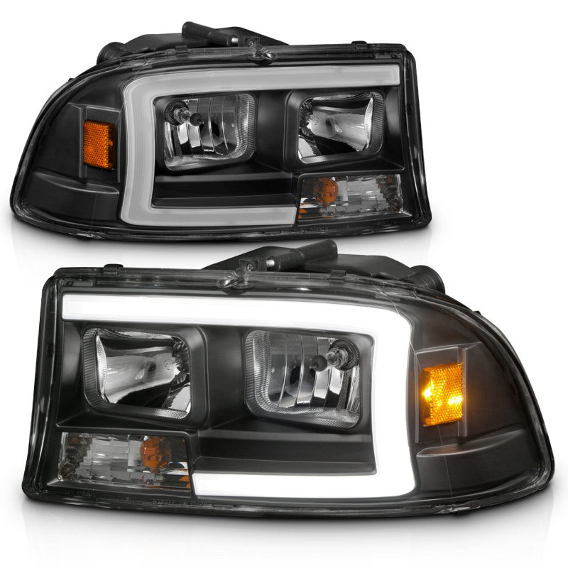 ANZO 97-04 Dodge Dakota/Durango Crystal Headlight Set featuring a sleek design and integrated light bar for enhanced visibility.