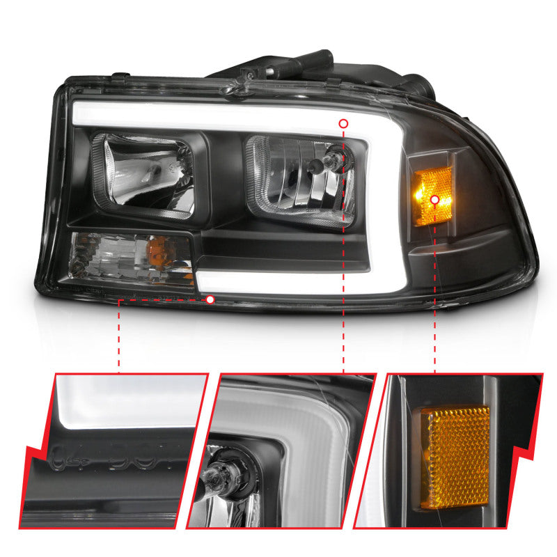 ANZO 97-04 Dodge Dakota/Durango Crystal Headlight Set featuring a sleek design and integrated light bar for enhanced visibility.