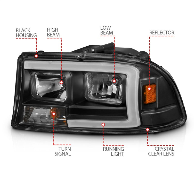 ANZO 97-04 Dodge Dakota/Durango Crystal Headlight Set featuring a sleek design and integrated light bar for enhanced visibility.