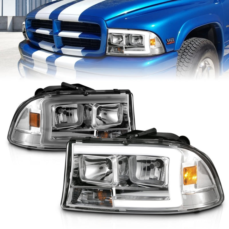 ANZO 97-04 Dodge Dakota/Durango Crystal Headlight Set featuring a sleek design and integrated light bar for enhanced visibility.