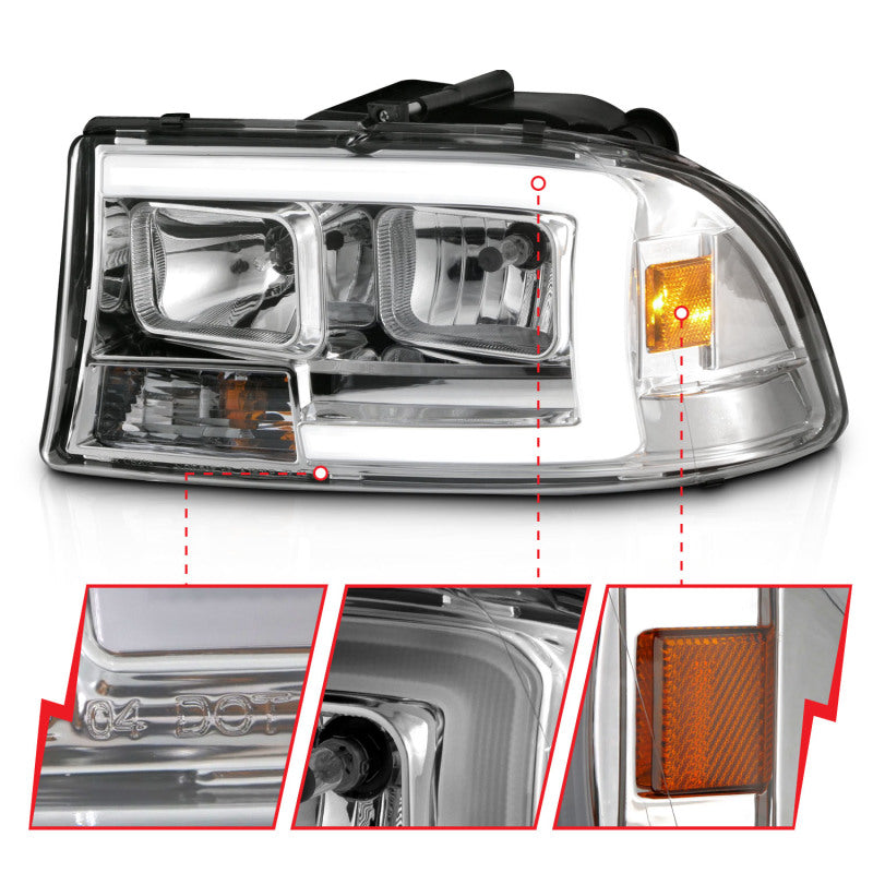 ANZO 97-04 Dodge Dakota/Durango Crystal Headlight Set featuring a sleek design and integrated light bar for enhanced visibility.