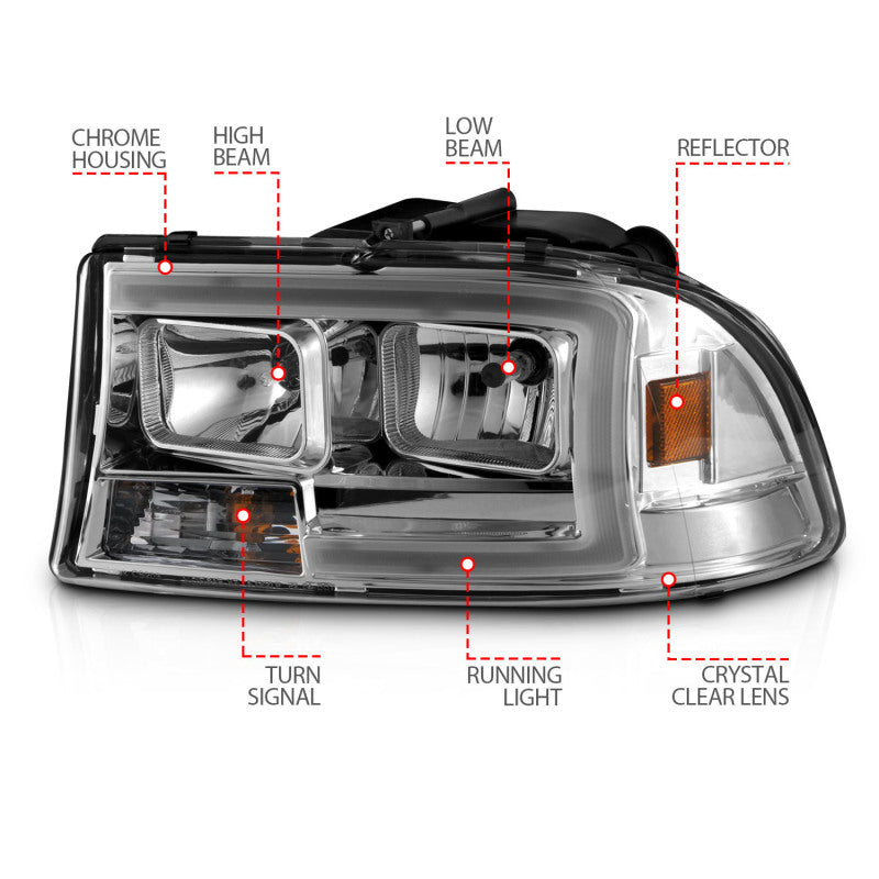 ANZO 97-04 Dodge Dakota/Durango Crystal Headlight Set featuring a sleek design and integrated light bar for enhanced visibility.