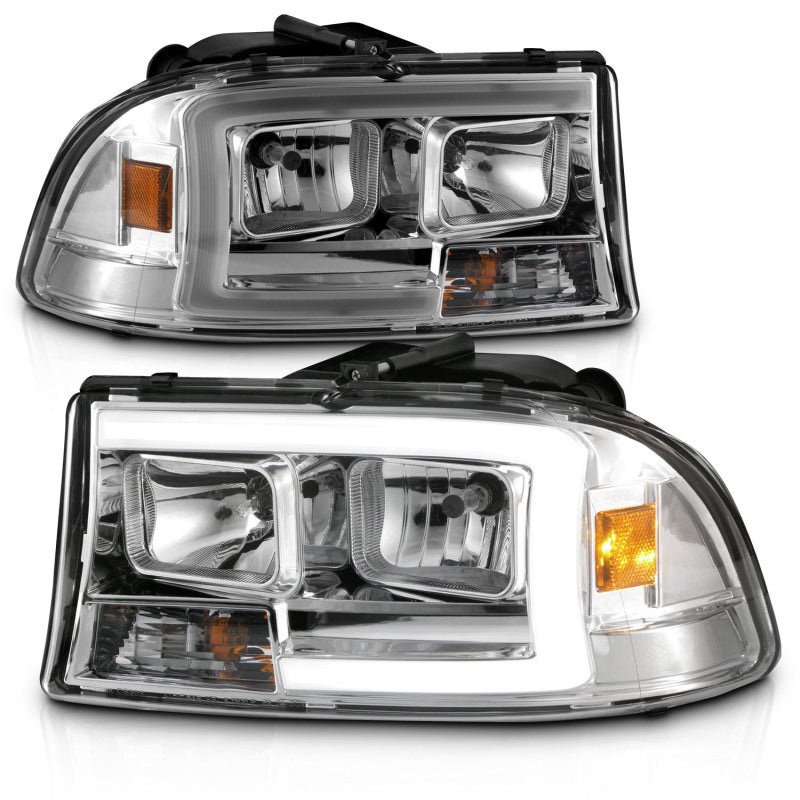 ANZO 97-04 Dodge Dakota/Durango Crystal Headlight Set featuring a sleek design and integrated light bar for enhanced visibility.