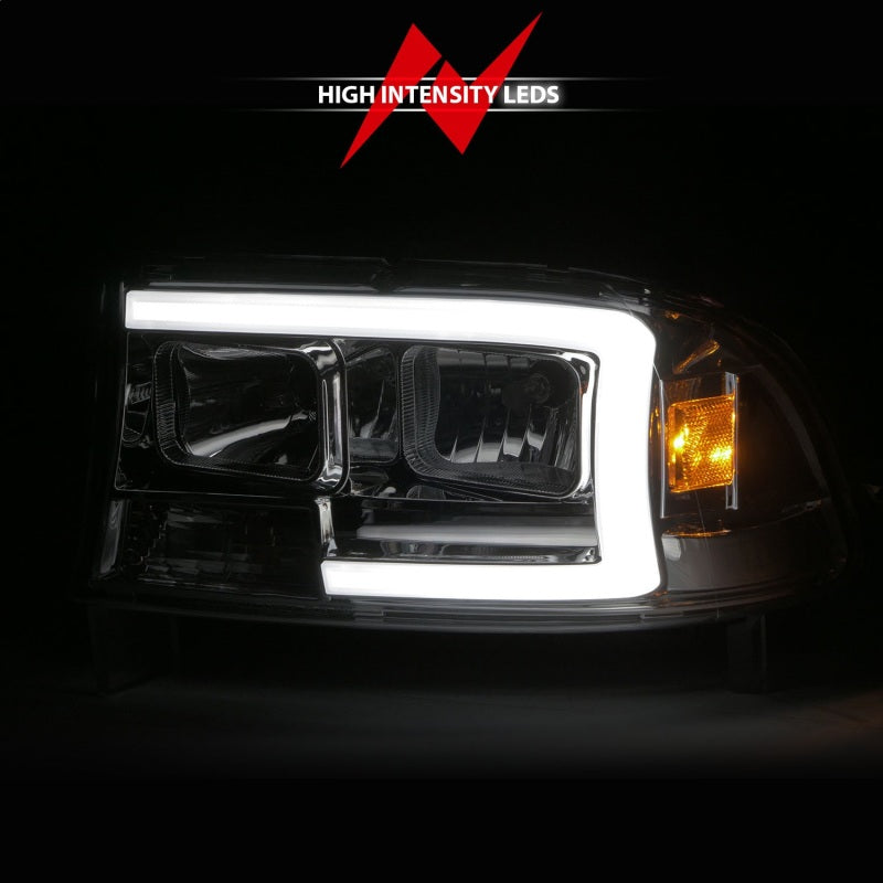 ANZO 97-04 Dodge Dakota/Durango Crystal Headlight Set featuring a sleek design and integrated light bar for enhanced visibility.