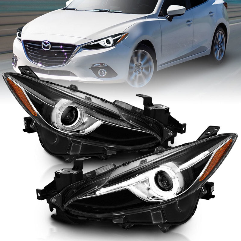 ANZO Projector Headlights with Halo Black and Amber for 2014-2017 Mazda 3, showcasing sleek design and enhanced visibility.