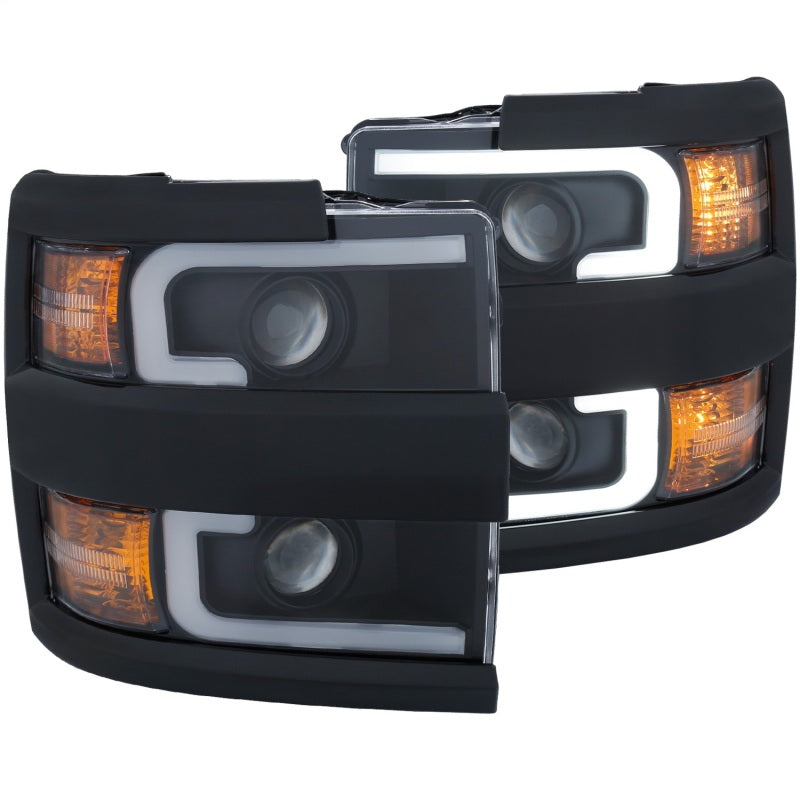 ANZO Projector Headlights with plank style design in black and amber for Chevrolet Silverado 2500 HD and 3500 HD models.