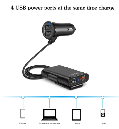 Back Seat QC3.0 4 USB Car Charger with a 1.7m cable, designed for quick charging multiple devices in a car.