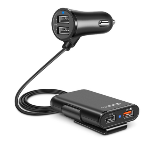 Back Seat QC3.0 4 USB Car Charger with a 1.7m cable, designed for quick charging multiple devices in a car.