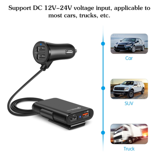 Back Seat QC3.0 4 USB Car Charger with a 1.7m cable, designed for quick charging multiple devices in a car.