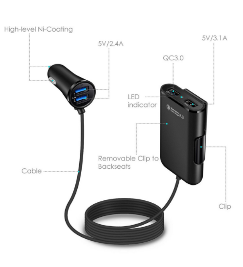 Back Seat QC3.0 4 USB Car Charger with a 1.7m cable, designed for quick charging multiple devices in a car.