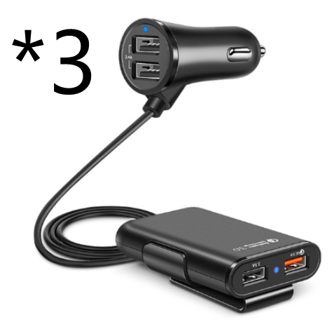 Back Seat QC3.0 4 USB Car Charger with a 1.7m cable, designed for quick charging multiple devices in a car.