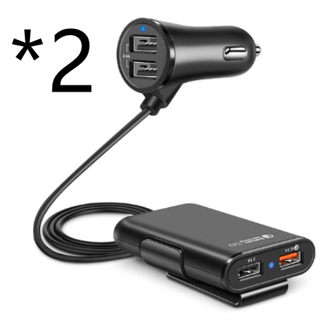 Back Seat QC3.0 4 USB Car Charger with a 1.7m cable, designed for quick charging multiple devices in a car.