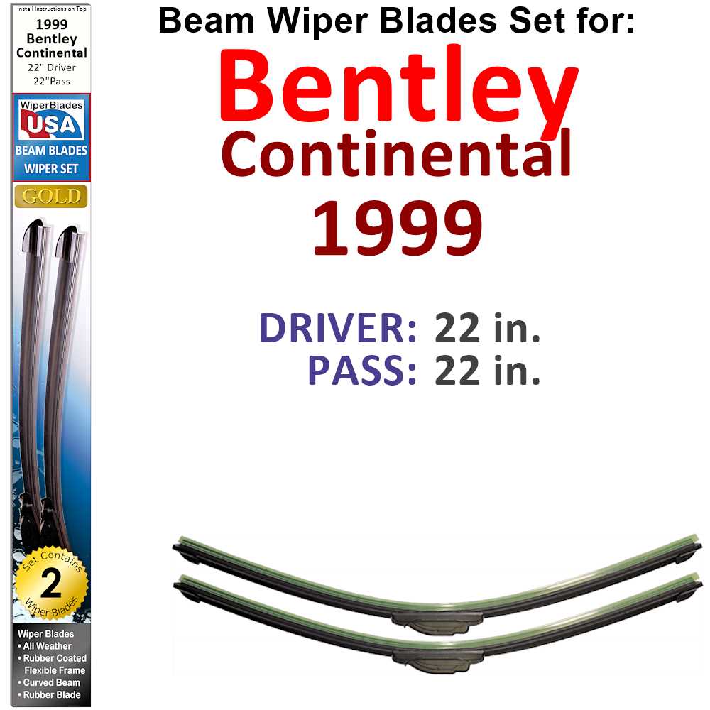 Set of two Beam Wiper Blades designed for 1999 Bentley Continental, showcasing their sleek low-profile design and durable rubber construction.