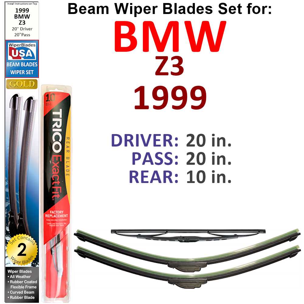 Set of 3 Beam Wiper Blades designed for 1999 BMW Z3, showcasing their flexible and durable construction.