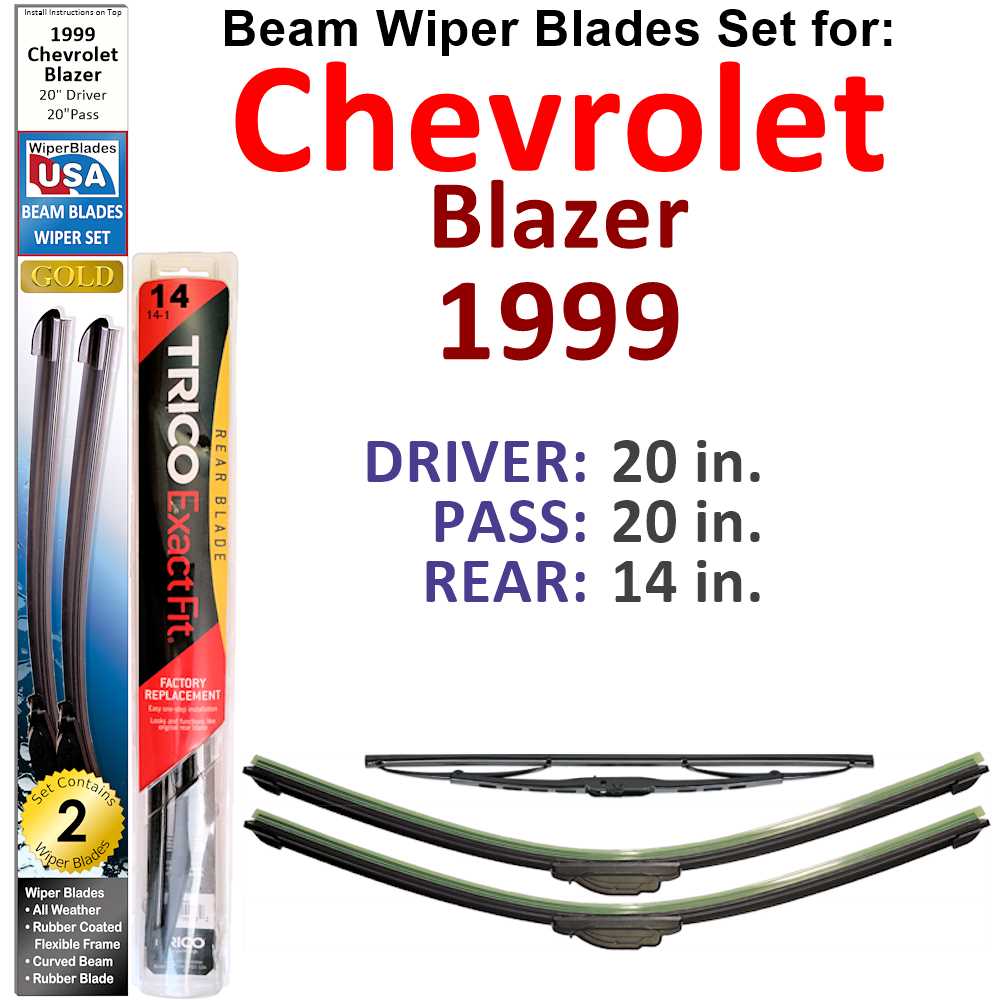 Set of 3 Beam Wiper Blades designed for 1999 Chevrolet Blazer, showcasing their flexible and durable construction.