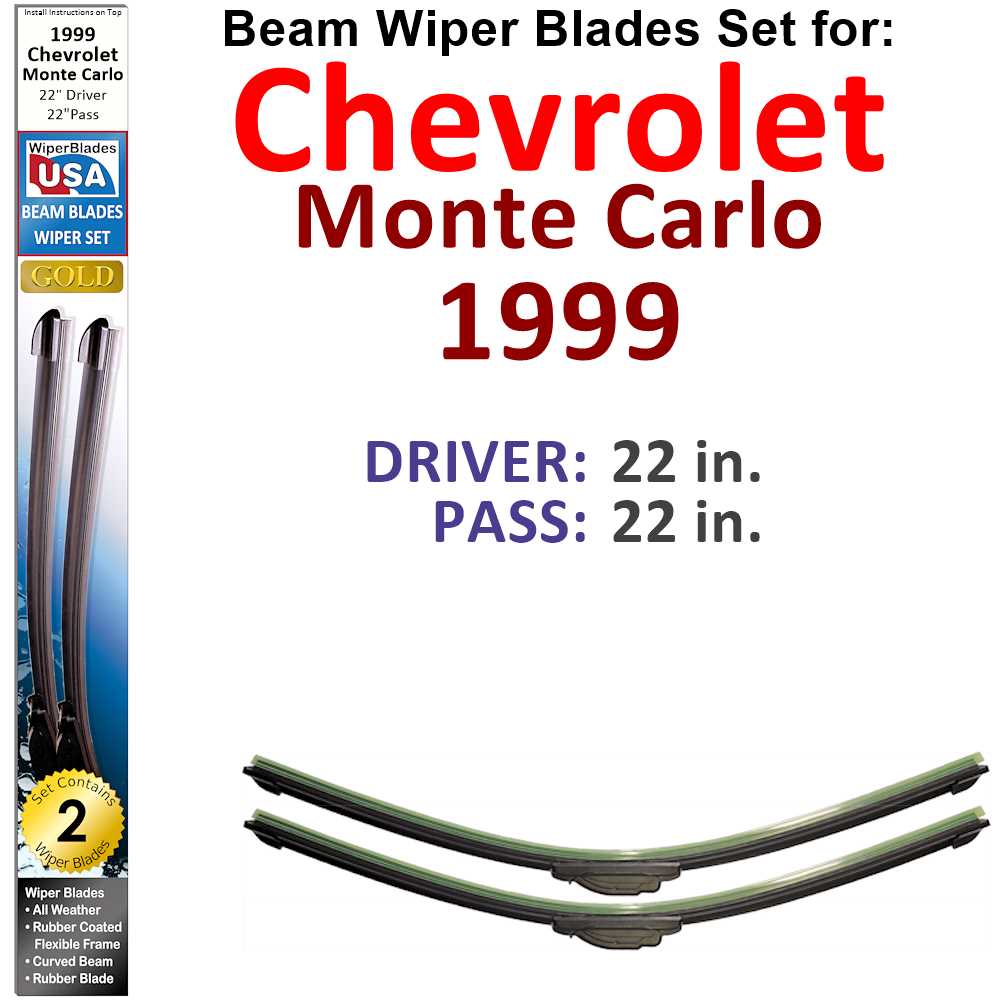 Set of 2 Beam Wiper Blades designed for 1999 Chevrolet Monte Carlo, showcasing their sleek low-profile design and flexible structure.