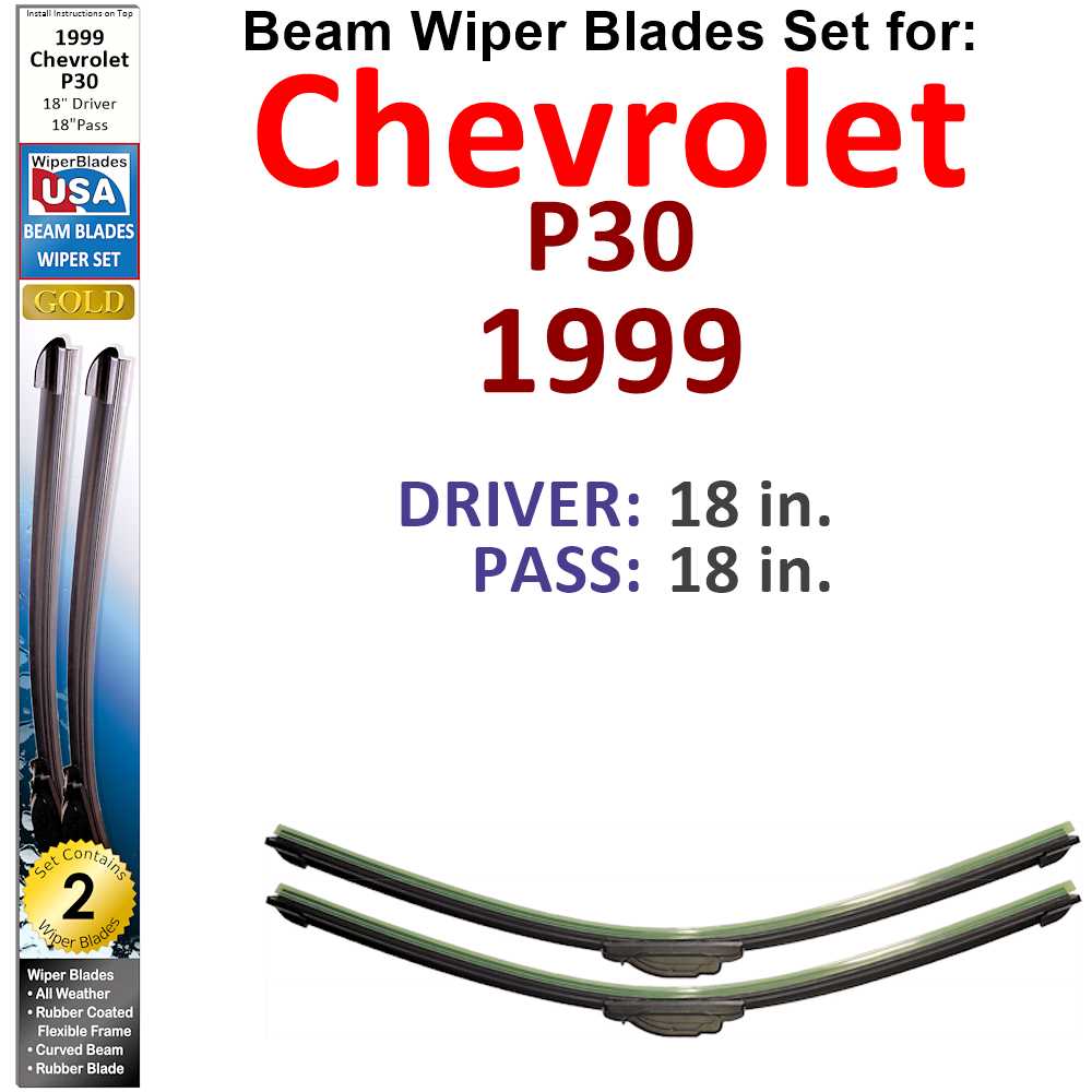 Set of 2 Beam Wiper Blades designed for 1999 Chevrolet P30, showcasing their flexible and durable construction.