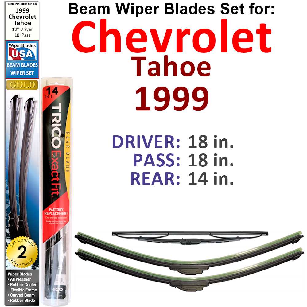 Set of 3 Beam Wiper Blades designed for 1999 Chevrolet Tahoe, showcasing their flexible and durable construction.