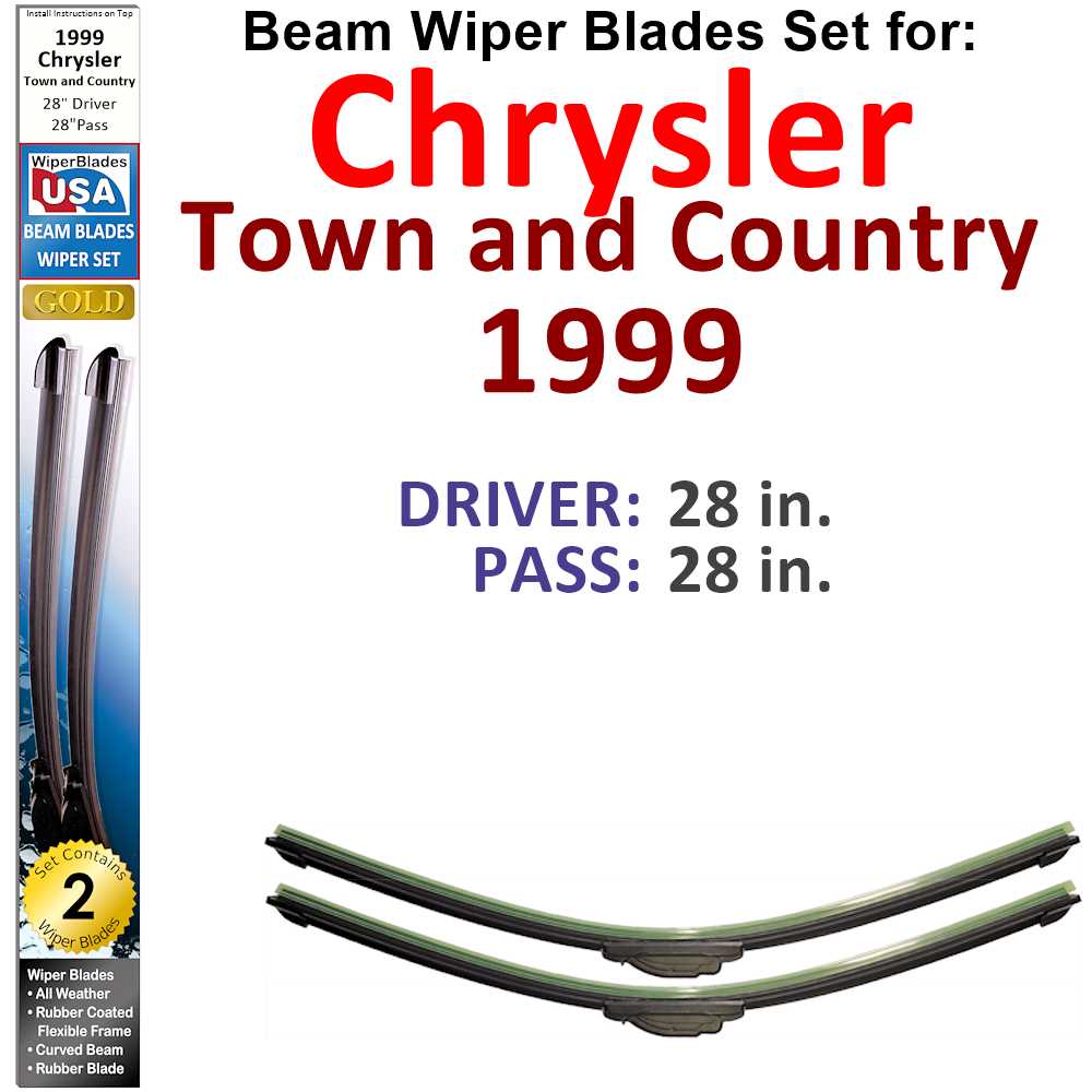 Set of 2 Beam Wiper Blades designed for 1999 Chrysler Town and Country, showcasing their sleek design and durable construction.