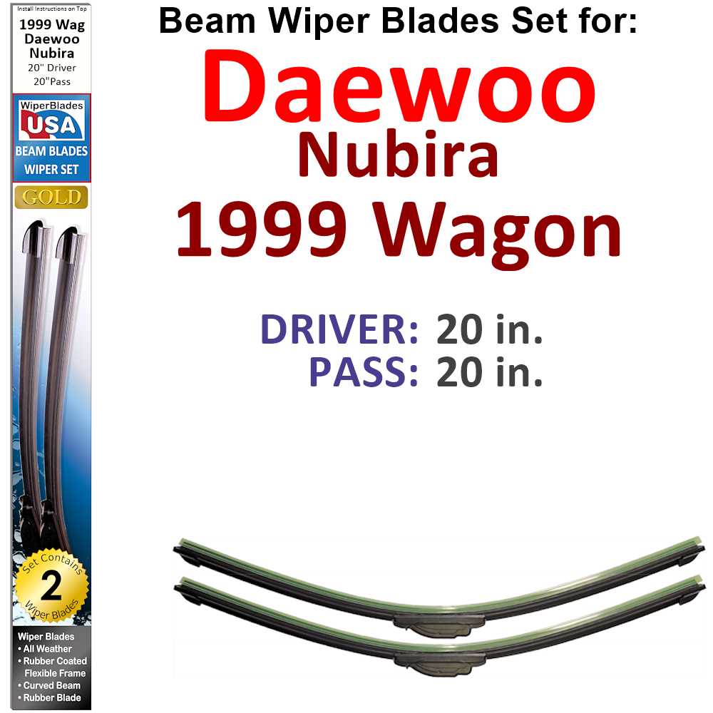 Set of 2 Beam Wiper Blades designed for 1999 Daewoo Nubira Wagon, showcasing their flexible and durable construction.