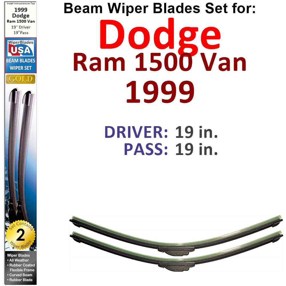 Set of 2 Beam Wiper Blades designed for 1999 Dodge Ram 1500 Van, showcasing their flexible and durable construction.