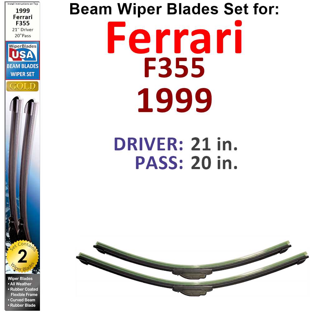 Set of two Beam Wiper Blades designed for 1999 Ferrari F355, showcasing their sleek design and durable construction.