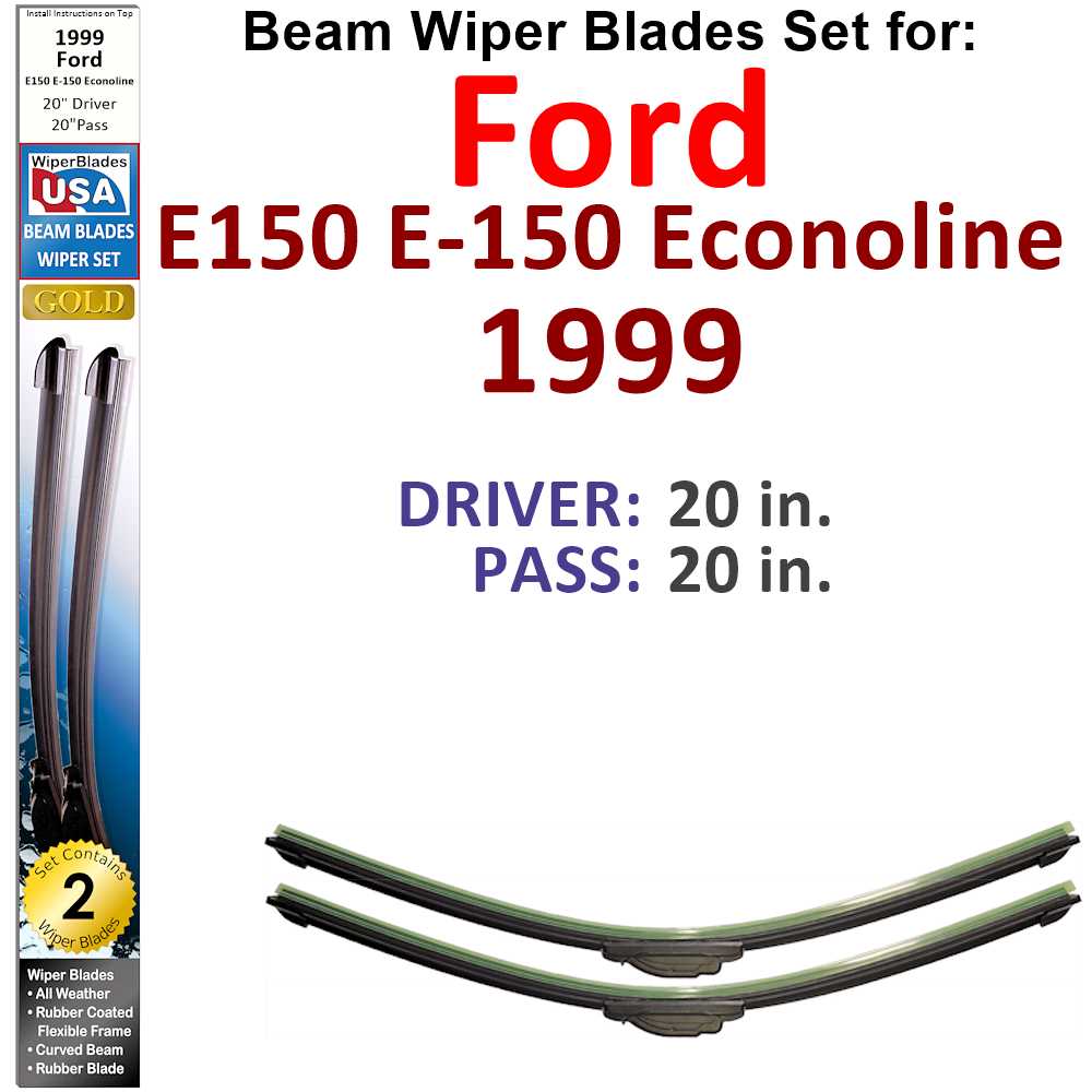 Set of two Beam Wiper Blades designed for 1999 Ford E150 E-150 Econoline, showcasing their flexible and durable design.