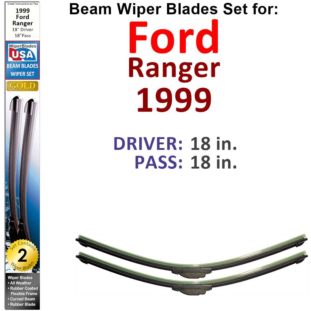 Set of 2 Beam Wiper Blades designed for 1999 Ford Ranger, showcasing their flexible and durable construction.