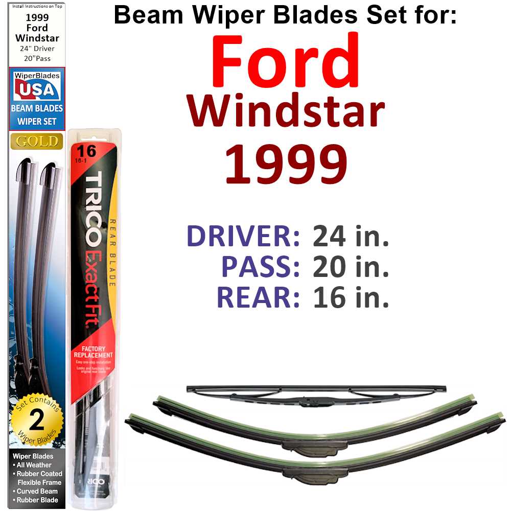 Set of 3 Beam Wiper Blades designed for 1999 Ford Windstar, showcasing their flexible and durable design.