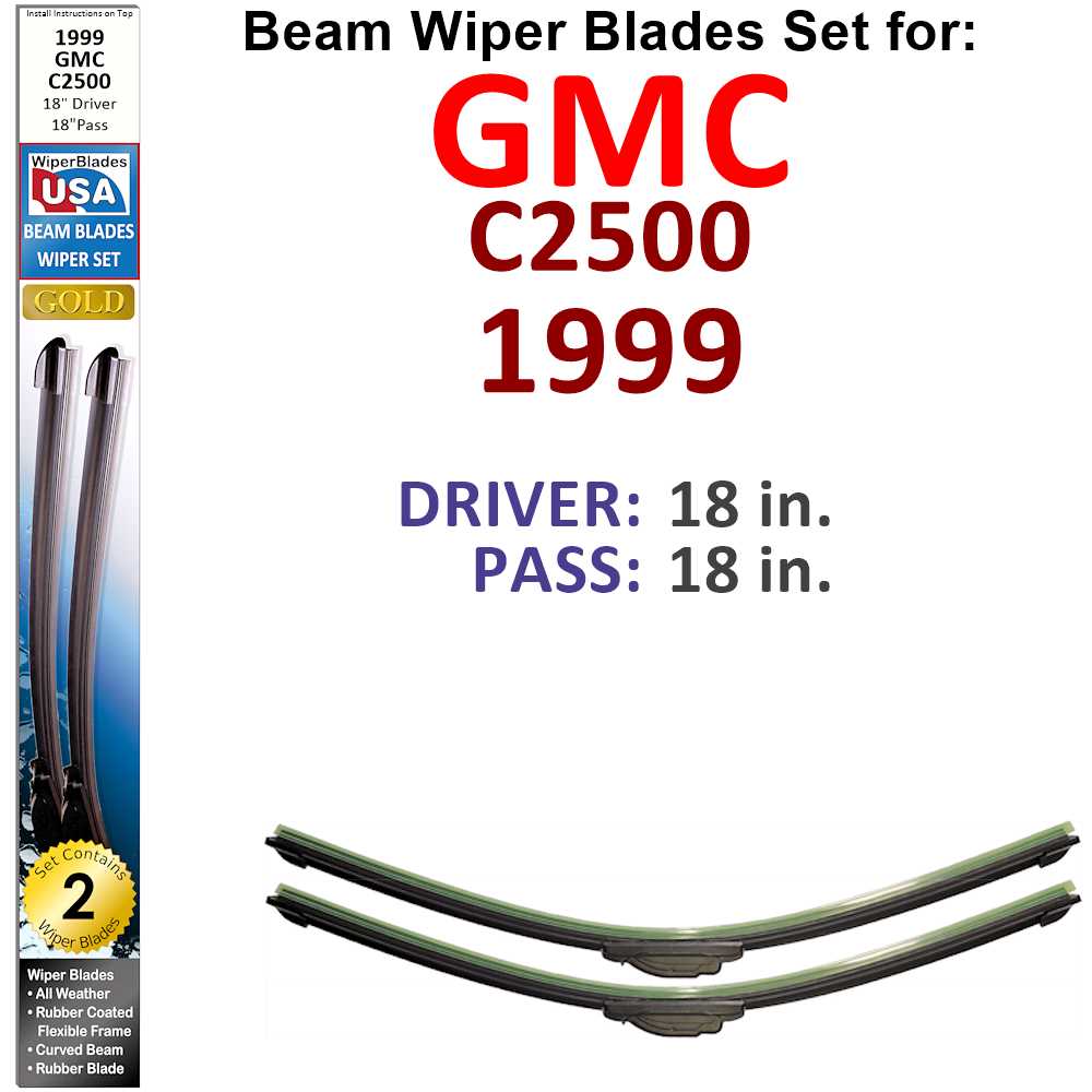 Set of 2 Beam Wiper Blades designed for 1999 GMC C2500, featuring a low-profile design and rubber-encased metal spine for durability.