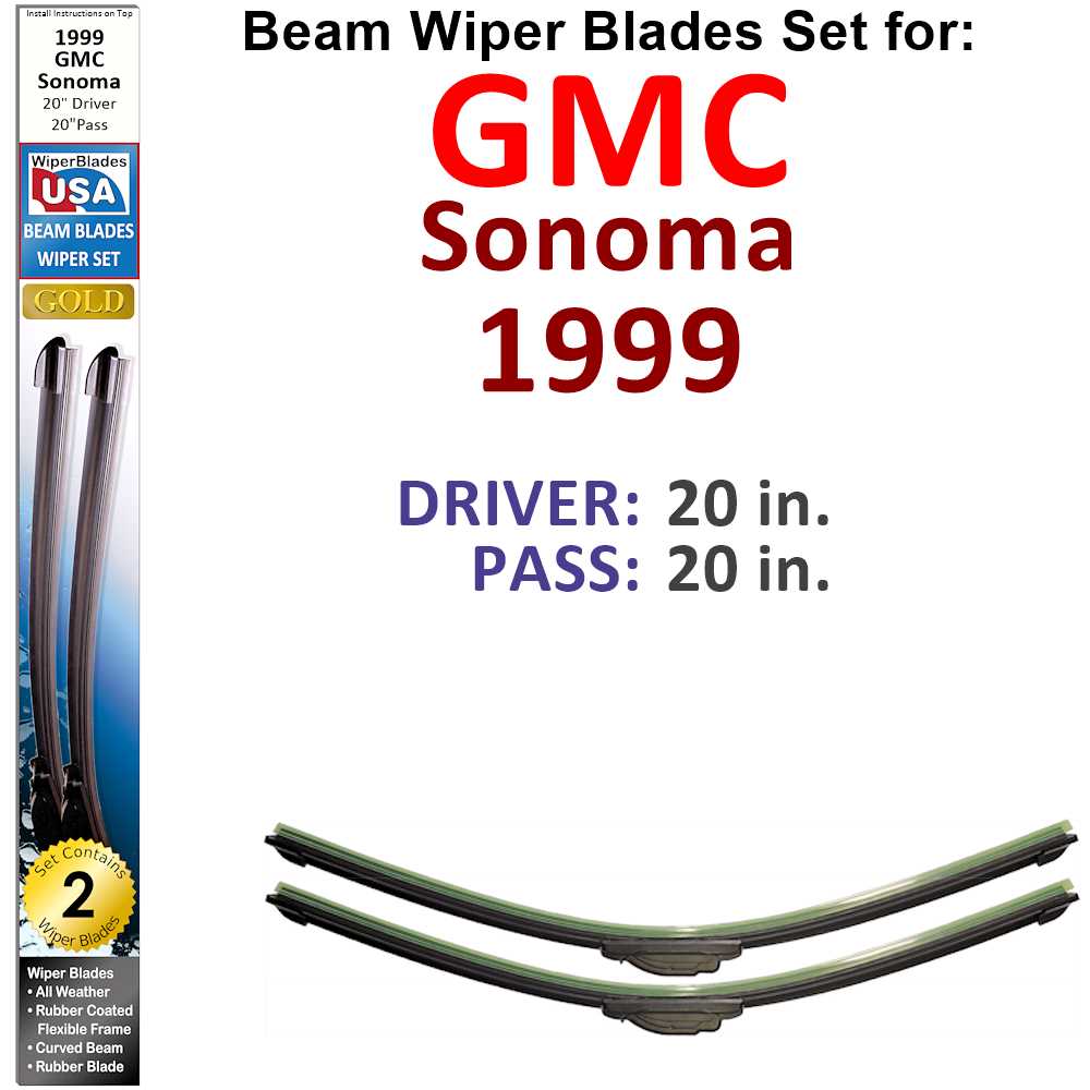 Set of 2 Beam Wiper Blades designed for 1999 GMC Sonoma, showcasing their flexible and durable construction.