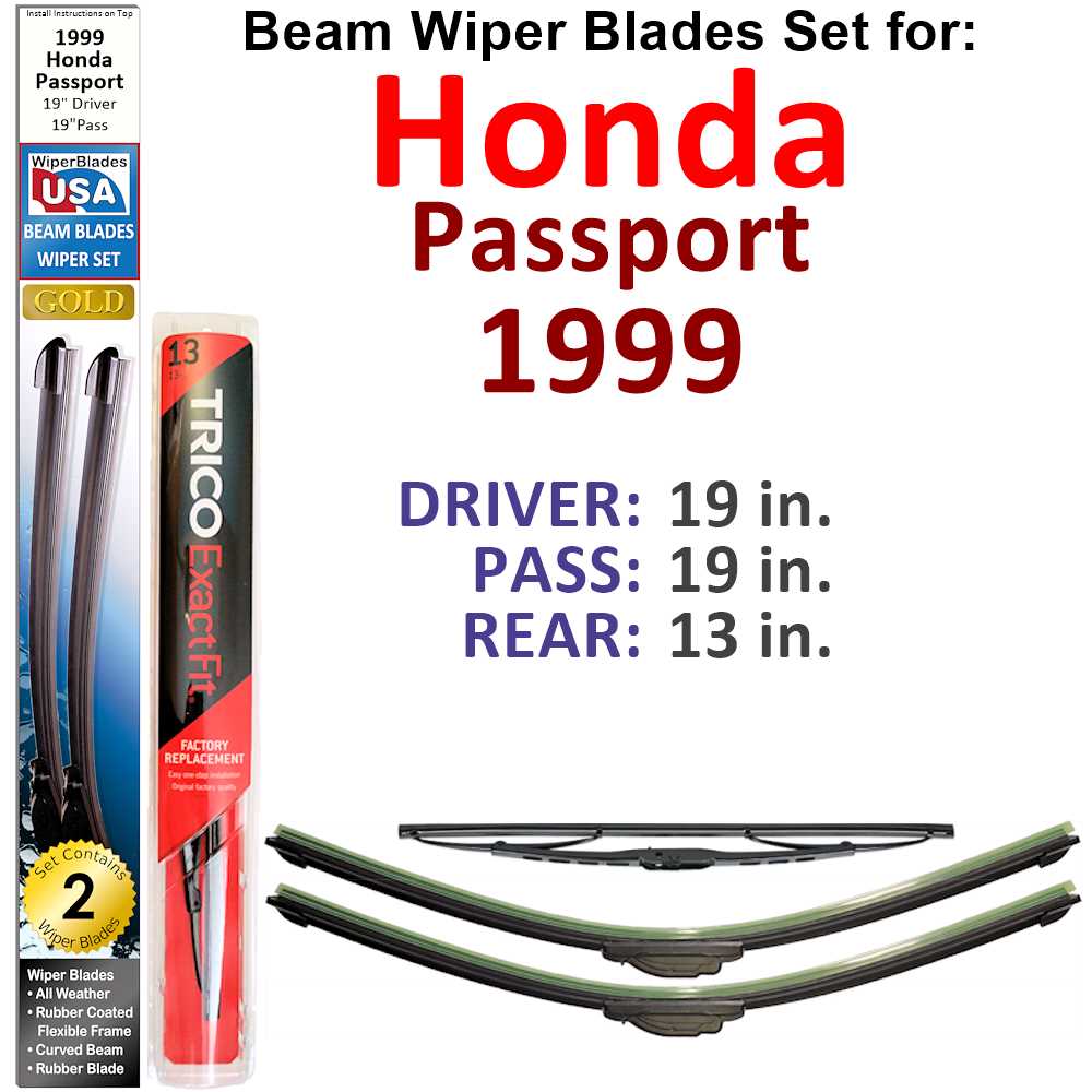 Set of 3 Beam Wiper Blades designed for 1999 Honda Passport, showcasing their flexible and durable construction.