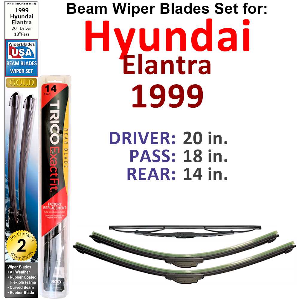 Set of 3 Beam Wiper Blades designed for 1999 Hyundai Elantra, showcasing their flexible and sealed design for optimal performance.