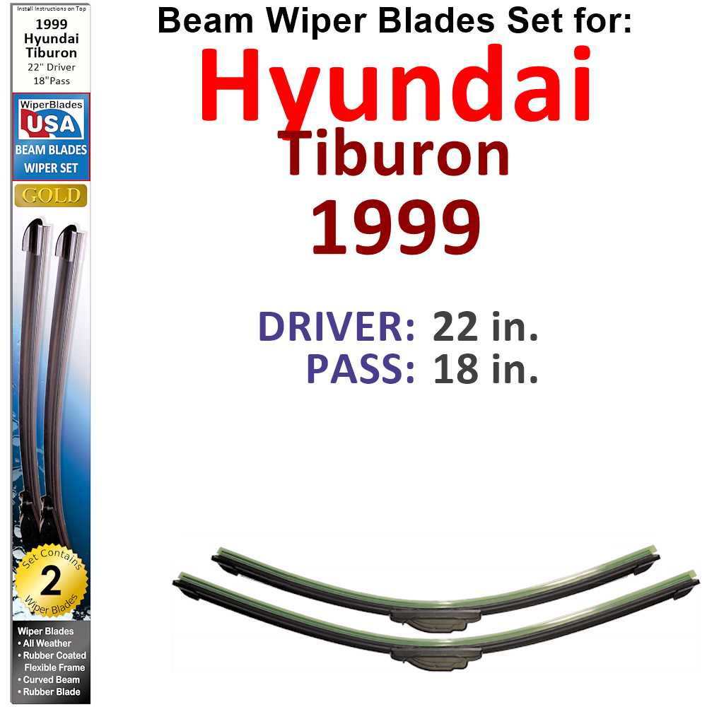 Set of 2 Beam Wiper Blades designed for 1999 Hyundai Tiburon, showcasing their flexible and durable design.