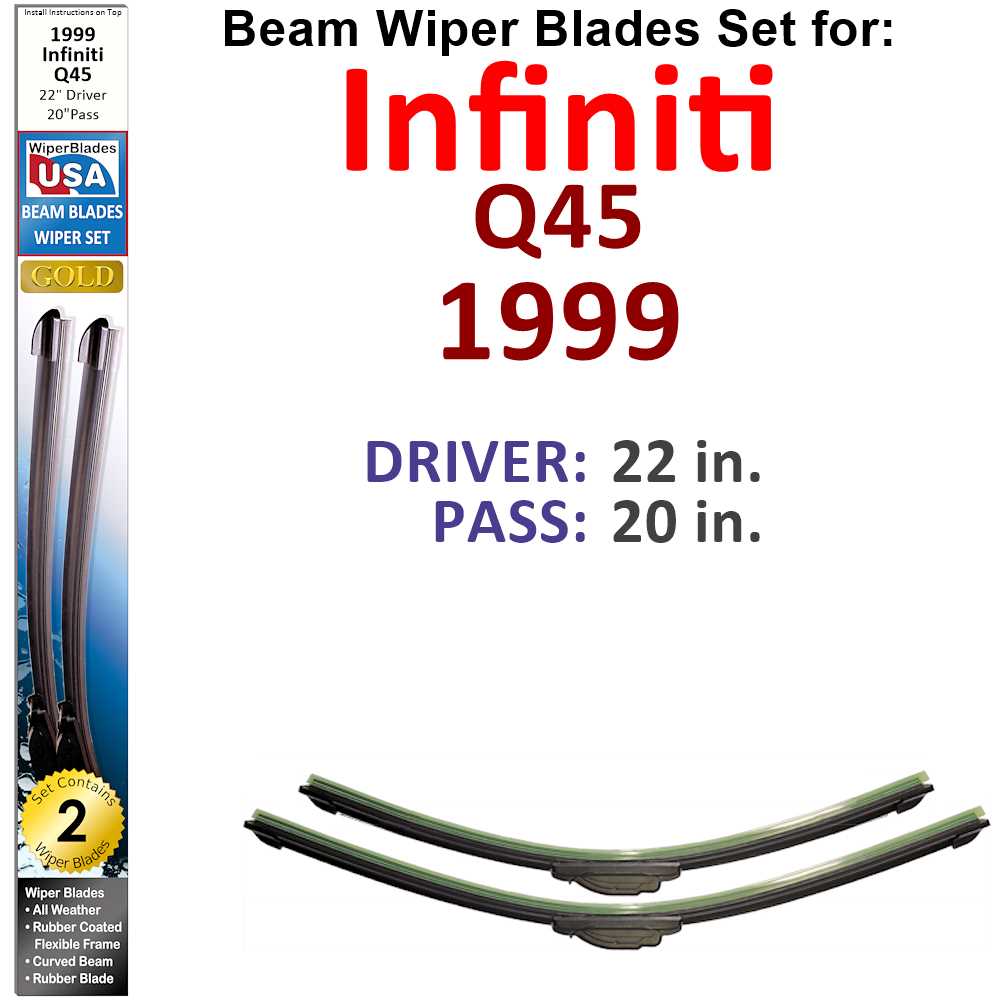 Set of two Beam Wiper Blades designed for 1999 Infiniti Q45, showcasing their flexible and low-profile design.