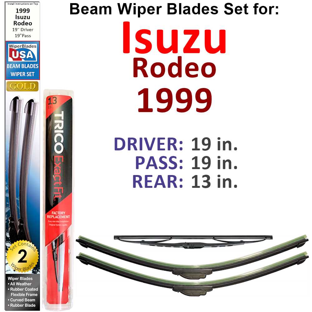 Set of 3 Beam Wiper Blades designed for 1999 Isuzu Rodeo, showcasing their flexible and durable construction.