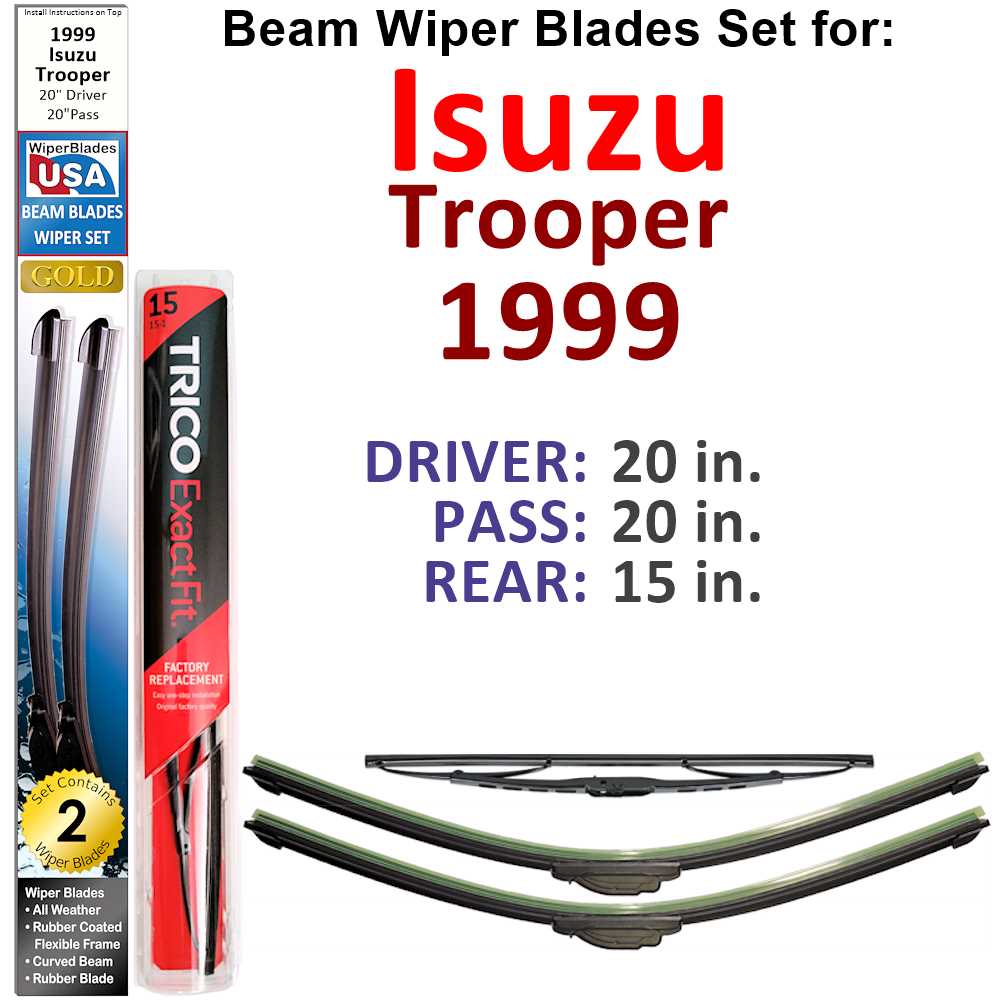 Set of 3 Beam Wiper Blades designed for 1999 Isuzu Trooper, showcasing their flexible and durable construction.