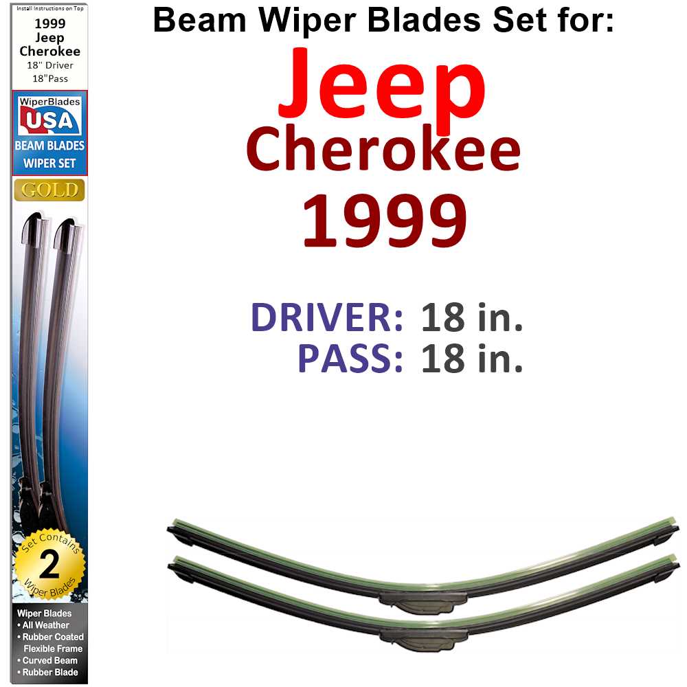 Set of 2 Beam Wiper Blades designed for 1999 Jeep Cherokee, showcasing their flexible and durable construction.