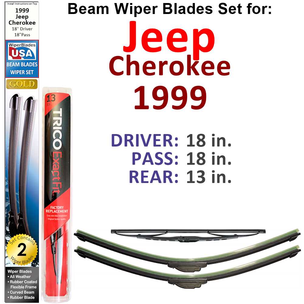 Set of 3 Beam Wiper Blades designed for 1999 Jeep Cherokee, showcasing their flexible and durable design.