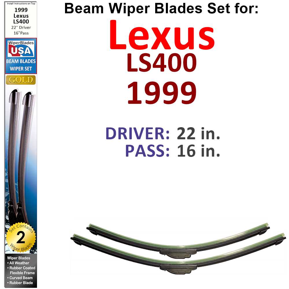 Set of 2 Beam Wiper Blades designed for 1999 Lexus LS400, showcasing their flexible and durable construction.