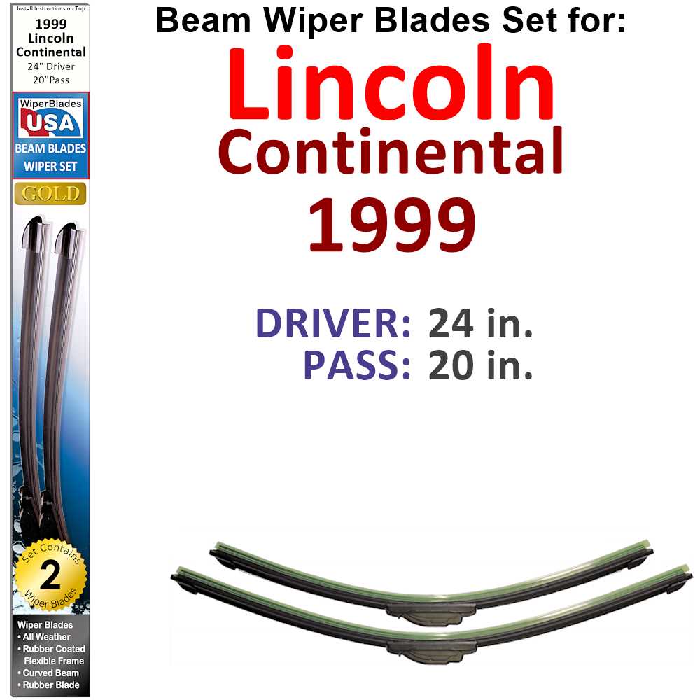 Set of two Beam Wiper Blades designed for 1999 Lincoln Continental, showcasing their low-profile and flexible design.