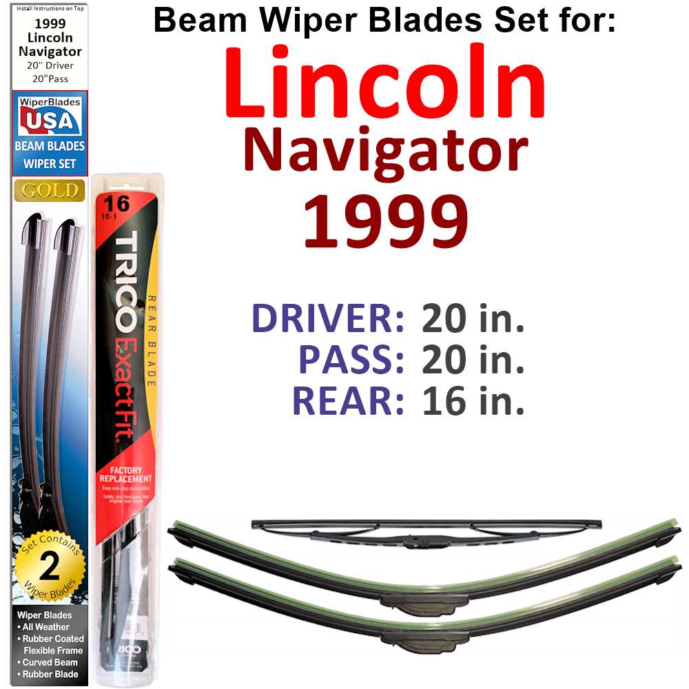 Set of 3 Beam Wiper Blades for 1999 Lincoln Navigator, showcasing their flexible design and rubber-covered metal spine.